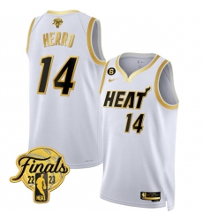 Men Miami Heat 14 Tyler Herro White Gold Edition 2023 Finals Collection With NO 6 Patch Stitched Basketball Jersey