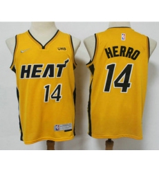 Men Miami Heat 14 Tyler Herro Yellow Nike Swingman 2021 Earned Edition Stitched Jersey With NEW Sponsor Logo
