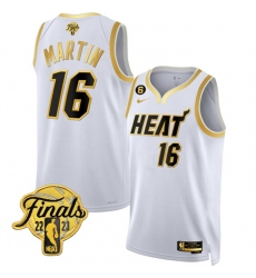 Men Miami Heat 16 Caleb Martin White Gold Edition 2023 Finals Collection With NO 6 Patch Stitched Basketball Jersey