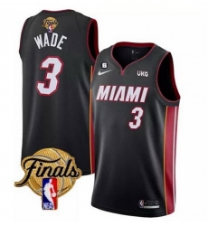 Men Miami Heat 3 Dwyane Wade Black 2023 Finals Icon Edition With NO 6 Patch Stitched Basketball Jersey