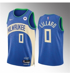 Men Milwaukee Bucks 0 Damian Lillard 2023 24 Blue City Edition Stitched Basketball Jersey