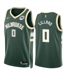 Men Milwaukee Bucks 0 Damian Lillard Green Icon Edition Stitched Basketball Jersey