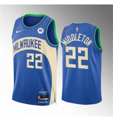 Men Milwaukee Bucks 22 Khris Middleton 2023 24 Blue City Edition Stitched Basketball Jersey