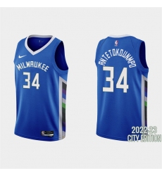 Men Milwaukee Bucks 34 Giannis Antetokounmpo 2022 23 Blue City Edition Stitched Basketball Jersey