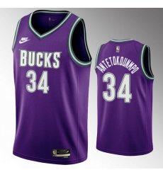 Men Milwaukee Bucks 34 Giannis Antetokounmpo 2022 23 Purple Classic Edition Swingman Stitched Basketball Jersey