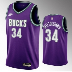 Men Milwaukee Bucks 34 Giannis Antetokounmpo 2022 23 Purple Classic Edition Swingman Stitched Basketball Jersey