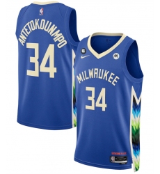 Men Milwaukee Bucks 34 Giannis Antetokounmpo Blue 2022 23 City Edition With NO 6 Patch Stitched Basketball Jersey