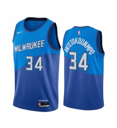 Men Nike Milwaukee Bucks 34 Giannis Antetokounmpo Blue NBA Swingman 2020 21 City Edition Jersey