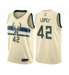 Mens Milwaukee Bucks 42 Robin Lopez Authentic Cream Basketball Jersey City Edition 