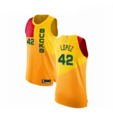 Mens Milwaukee Bucks 42 Robin Lopez Authentic Yellow Basketball Jersey City Edition 
