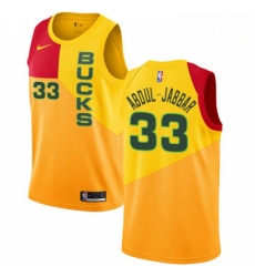 Mens Nike Milwaukee Bucks 33 Kareem Abdul Jabbar Swingman Yellow NBA Jersey City Edition 