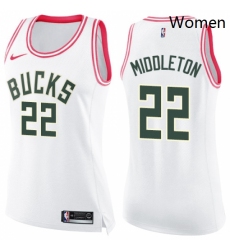 Womens Nike Milwaukee Bucks 22 Khris Middleton Swingman WhitePink Fashion NBA Jersey 