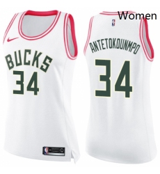 Womens Nike Milwaukee Bucks 34 Giannis Antetokounmpo Swingman WhitePink Fashion NBA Jersey