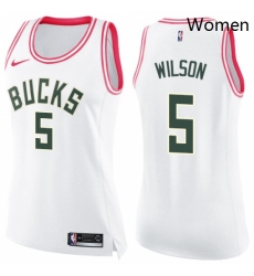 Womens Nike Milwaukee Bucks 5 D J Wilson Swingman WhitePink Fashion NBA Jersey 