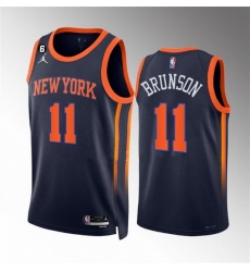 Men New Yok Knicks 11 Jalen Brunson Navy Statement Edition With NO 6 Patch Stitched Basketball Jersey