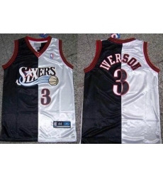 Men 76ers #3 Allen Iverson Black White Split Fashion Stitched NBA Jersey