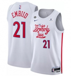 Men Philadelphia 76ers 21 Joel Embiid White 2022 23 City Edition With NO 6 Patch Stitched Basketball Jersey
