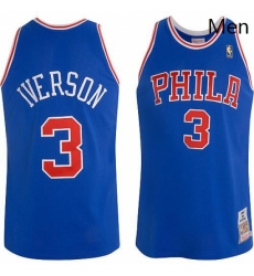 Mens Mitchell and Ness Philadelphia 76ers 3 Allen Iverson Authentic Blue Throwback NBA Jersey