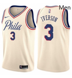 Mens Nike Philadelphia 76ers 3 Allen Iverson Authentic Cream NBA Jersey City Edition