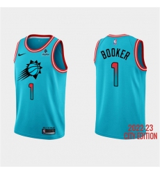 Men Phoenix Suns 1 Devin Booker Blue 2022 23 City Edition With Black Payple Logo Stitched Basketball Jersey