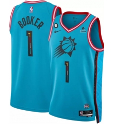 Men Phoenix Suns 1 Devin Booker Blue 2022 23 City Edition With NO 6 And Payple Patch Stitched Basketball Jersey
