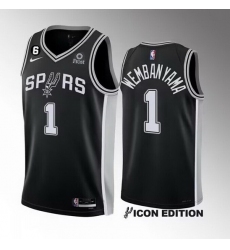 Men San Antonio Spurs 1 Victor Wembanyama Black 2022 23 Icon Edition With NO 6 Patch Stitched Basketball Jersey