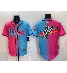 Men San Antonio Spurs Team Big Logo Pink Blue Limited Stitched Baseball Jersey Men San Antonio Spurs Team Big Logo Pink Blue Limited Stitched Baseball Jersey