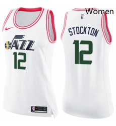 Womens Nike Utah Jazz 12 John Stockton Swingman WhitePink Fashion NBA Jersey