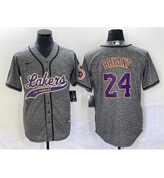 Men Los Angeles Lakers 24 Kobe Bryant Gray Cool Base With Patch Stitched Baseball Jersey