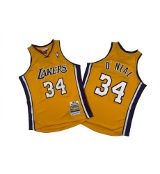 Men Los Angeles Lakers 34 Shaquille O 27Neal Yellow 1999 00 Throwback Basketball Jersey