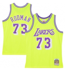 Men Los Angeles Lakers 73 Dennis Rodman Mitchell  26 Ness Neon Yellow Hardwood Classics 1998 99 Tropical Swingman Jersey