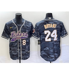 Men Los Angeles Lakers Front 8 Back 24 Kobe Bryant Gray Camo Cool Base With Patch Stitched Baseball Jersey