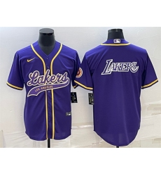 Men Los Angeles Lakers Purple Big Logo Cool Base Stitched Baseball Jersey