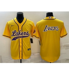 Men Los Angeles Lakers Yellow Big Logo Cool Base Stitched Baseball JerseyS