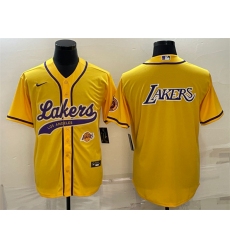 Men Los Angeles Lakers Yellow Big Logo With Patch Cool Base Stitched Baseball JerseyS