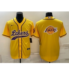 Men Los Angeles Lakers Yellow Team Big Logo Cool Base Stitched Baseball Jersey