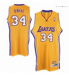 Mens Adidas Los Angeles Lakers 34 Shaquille ONeal Authentic Gold Throwback NBA Jersey