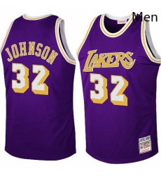 Mens Mitchell and Ness Los Angeles Lakers 32 Magic Johnson Authentic Purple Throwback NBA Jersey