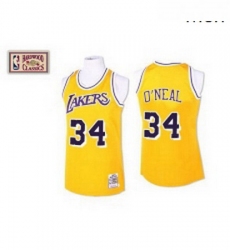 Mens Mitchell and Ness Los Angeles Lakers 34 Shaquille ONeal Authentic Gold Throwback NBA Jersey