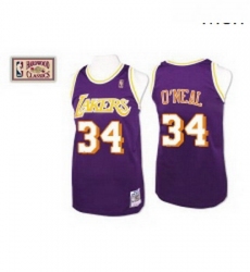 Mens Mitchell and Ness Los Angeles Lakers 34 Shaquille ONeal Authentic Purple Throwback NBA Jersey