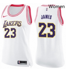 Womens Nike Los Angeles Lakers 23 LeBron James Swingman WhitePink Fashion NBA Jersey 