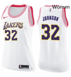 Womens Nike Los Angeles Lakers 32 Magic Johnson Swingman WhitePink Fashion NBA Jersey