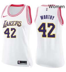 Womens Nike Los Angeles Lakers 42 James Worthy Swingman WhitePink Fashion NBA Jersey