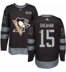 Mens Adidas Pittsburgh Penguins 15 Riley Sheahan Authentic Black 1917 2017 100th Anniversary NHL Jersey 