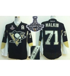 Penguins #71 Evgeni Malkin Black Autographed 2017 Stanley Cup Finals Champions Stitched NHL Jersey