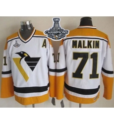 Penguins #71 Evgeni Malkin White Yellow CCM Throwback 2017 Stanley Cup Finals Champions Stitched NHL Jersey