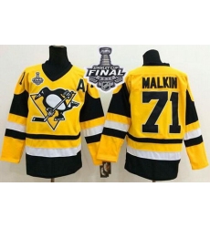 Penguins #71 Evgeni Malkin Yellow Throwback 2017 Stanley Cup Final Patch Stitched NHL Jersey