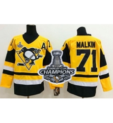 Penguins #71 Evgeni Malkin Yellow Throwback 2017 Stanley Cup Finals Champions Stitched NHL Jersey