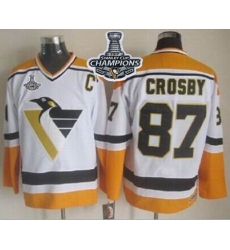 Penguins #87 Sidney Crosby White Yellow CCM Throwback 2017 Stanley Cup Finals Champions Stitched NHL Jersey
