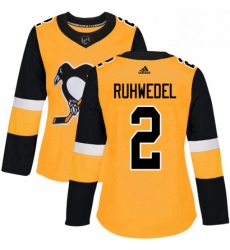 Womens Adidas Pittsburgh Penguins 2 Chad Ruhwedel Authentic Gold Alternate NHL Jersey 